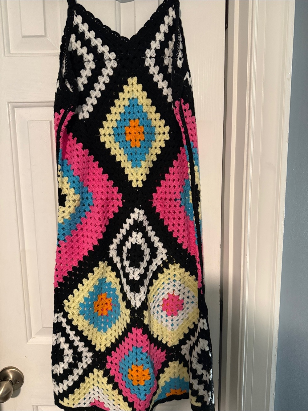 Handmade Black Crochet Dress with Pink, Blue & Yellow Diamond Motif